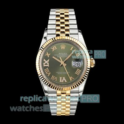 B Factory Swiss Replica Rolex Datejust Green IV Diamond Dial Two-Tone Jubilee Watch 